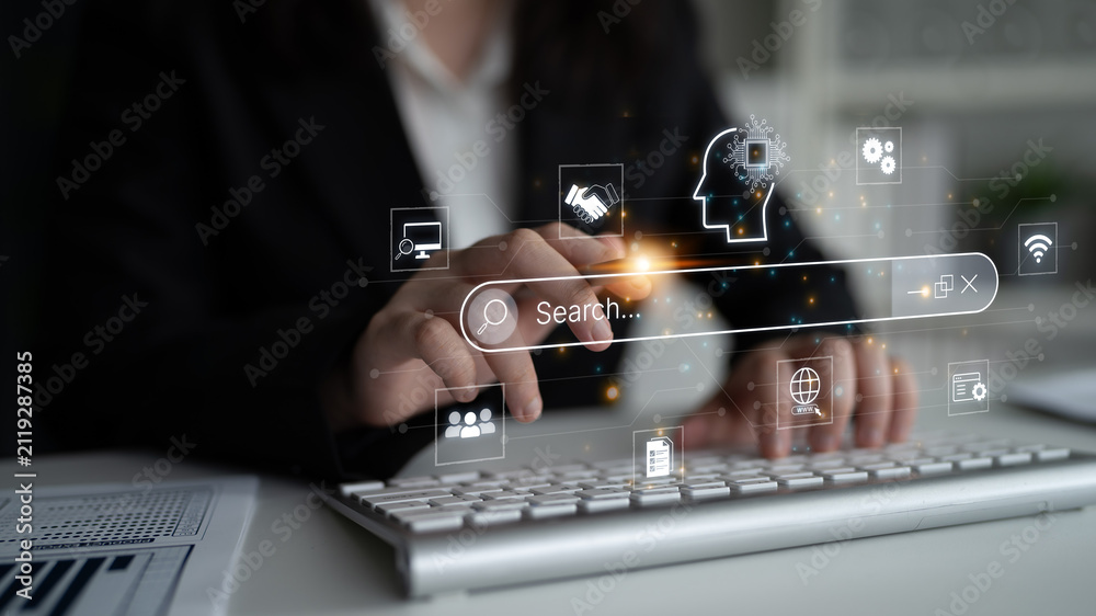 Fototapeta premium Artificial intelligence AI search concept enabling smarter discovery, recommendations to digital services and knowledge. Generative AI search engine algorithm provide user intent result. Corpus