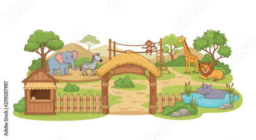 Photography African Safari Scene Vector Illustration With Animals And Wooden Structures