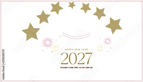 Festive happy new year 2027 greeting card design with golden stars and sparkling fireworks illustration for celebrations