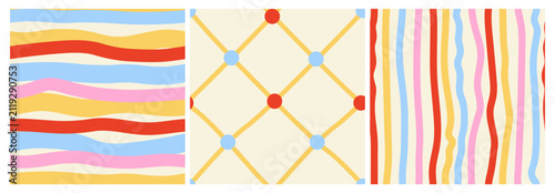 Set of colorful seamless patterns with stripes and diagonal checks. Vector flat festive backgrounds for fabric, wrapping paper and stationery designs