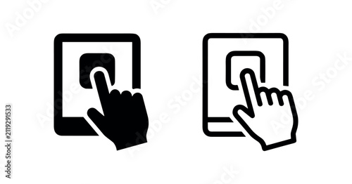 Hand touching tablet screen icon set solid and outline style