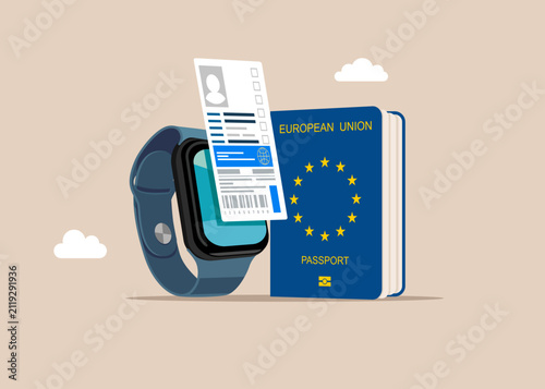 Smart watch with online website for booking airline tickets and purchasing travel. Passport European Union. Fitness tracker digital display and silicone bracelet. Flat vector illustration