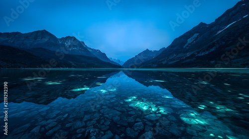 Panoramic View of Bioluminescent Glowing Pebbles in Lake Water Reflecting Mountain Range at Twilight