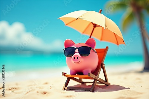 Adorable Piggybank Relaxing at the Beach with Sunglasses and Umbrella