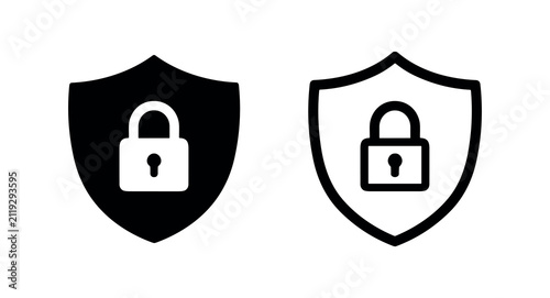Lock security icon - shield with padlock, solid and outline