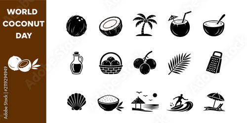 World Coconut Day Tropical Icon Set Collection