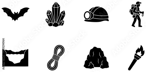 Quadro su tela Cave Exploration Icons, Speleology Equipment, Bat, Crystals, Torch, Rope, Miner'