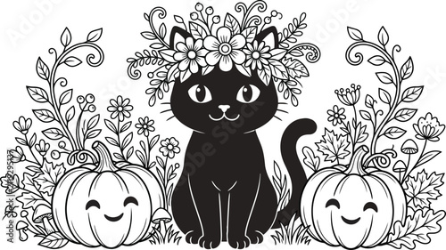 Cute black cat wearing a flower crown between two smiling pumpkins for a black and white coloring page for kids and adults to color