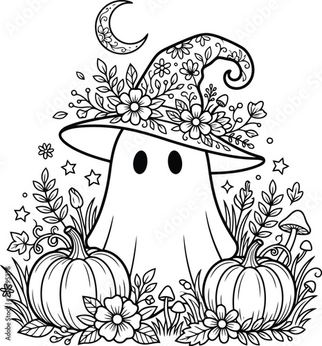 Cute ghost wearing a floral witch hat surrounded by pumpkins, autumn leaves, and mushrooms, black and white line for coloring book