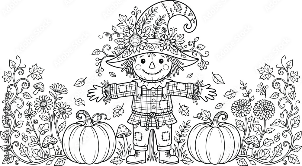 Obraz premium Cute scarecrow wearing a floral witch hat surrounded by pumpkins, autumn leaves, and mushrooms, black and white line for coloring