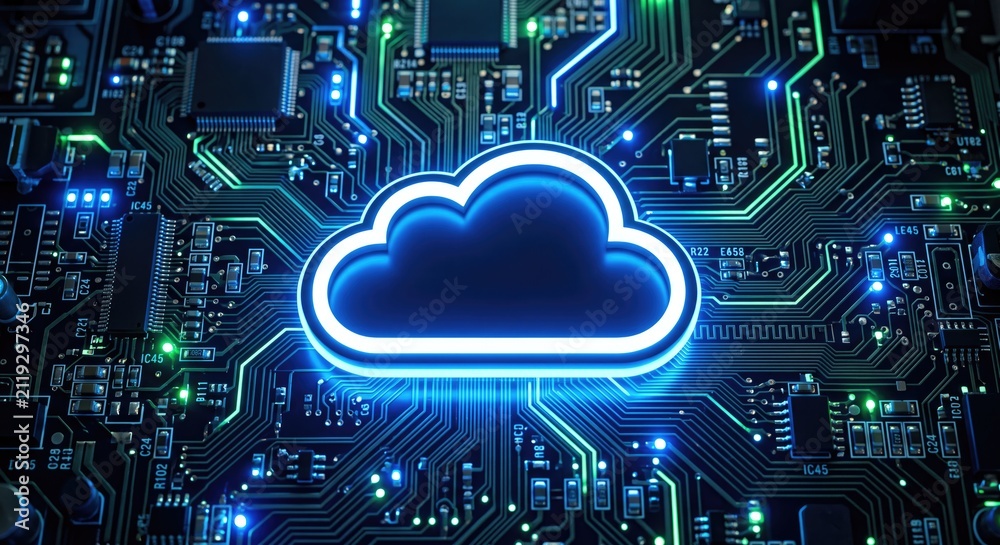 Fototapeta premium Futuristic cloud computing icon, neon blue digital circuit board background, tech data storage concept