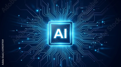 Ai chip circuit board with futuristic digital network background
