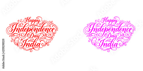 Decorative hand lettering typography design for happy independence day india celebration with artistic flourishes and ornate floral elements