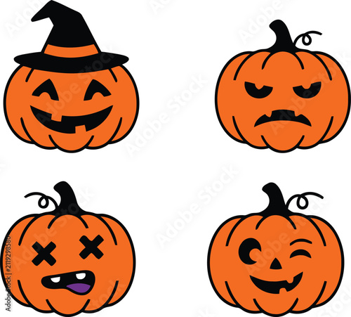 Foto Set of four cute and spooky hand drawn halloween pumpkin jack o lantern faces wi