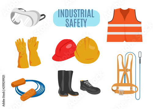 Industrial safety equipment vector icon set with PPE protective gear helmet vest goggles gloves boots and harness isolated on white