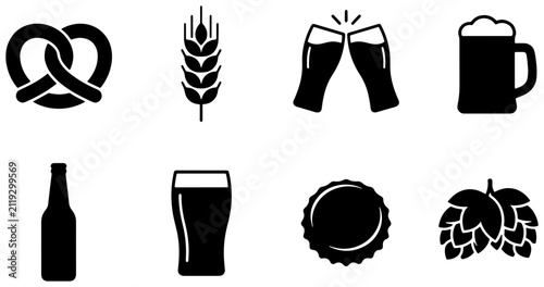 Beer Icons Set, Oktoberfest Symbols, Brewery Graphics, Beverage Vector