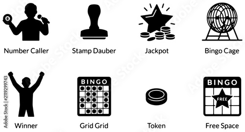 Bingo Icons Set, Gambling Game Symbols, Lottery Entertainment