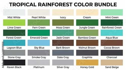 Tropical rainforest color bundle swatch chart grid with swatches, tropical