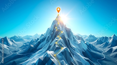 Climber reaching mountain peak with location pin