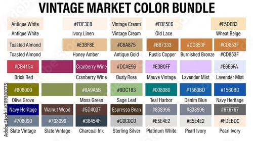 Vintage market color palette swatch chart with hex codes colorful collection