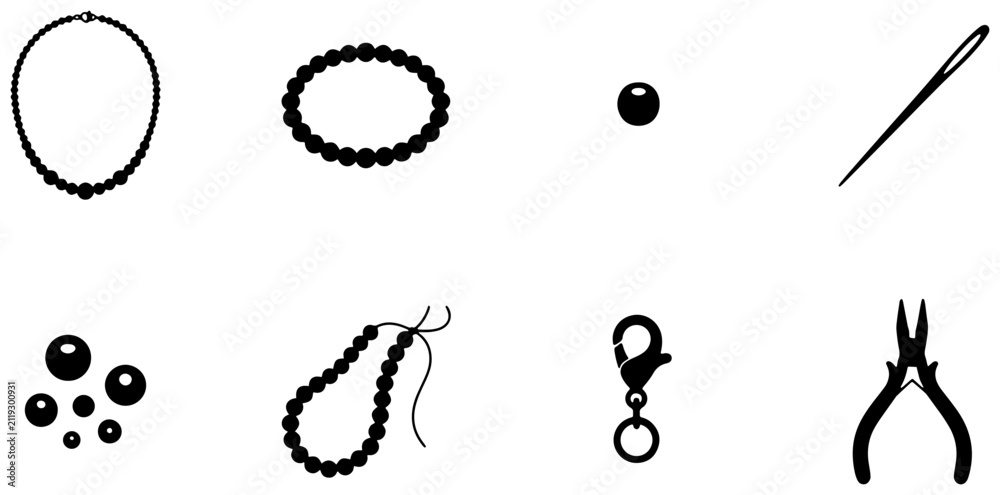 Fototapeta premium Jewelry Making Supplies: Beads, Necklace, Bracelet, Tools, Needle, Clasp Vector Icons