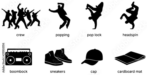 Foto Urban Dance Crew, Breakdancing Moves, Boombox, Sneakers, Cap, Cardboard Mat Vect