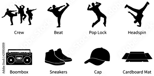 Obraz na plátně Breakdance Icons: Crew, Beat, Pop Lock, Headspin, Boombox, Sneakers, Cap, Cardbo