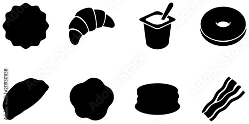 Foto Breakfast Food Icons: Croissant, Yogurt, Pancakes, Bacon, Bagel, Pastry, Food Ic
