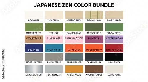 Japanese zen color palette guide with various natural hues and shades, japanese