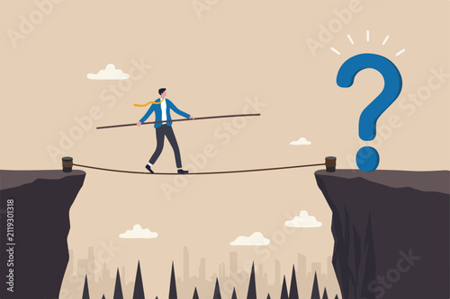 Uncertainty, unknown problem, challenge to overcome or investment risk, find out solution for business difficulty, adversity or determination, businessman acrobat rope walking find question mark