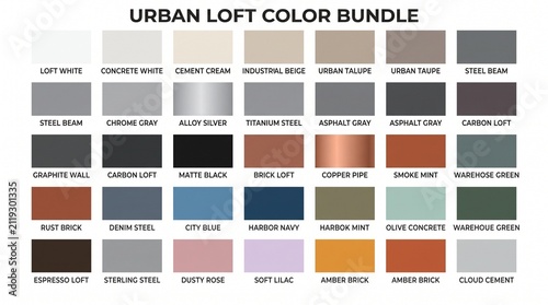 Urban loft interior design color palette for industrial home decor with interior