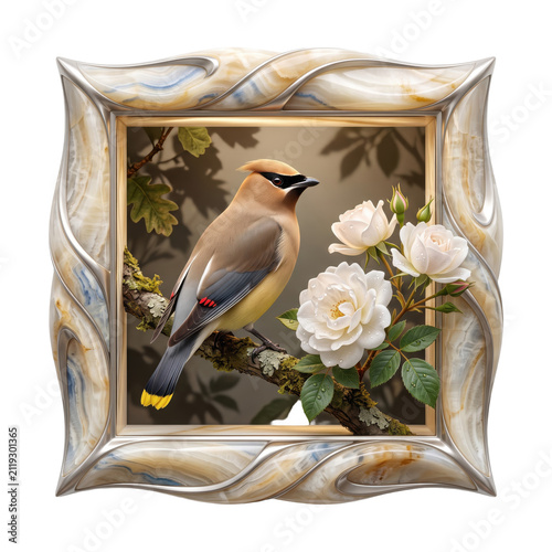 Cedar waxwing bird perched on a branch with white flowers inside an ornate decorative frame isolated on transparent background