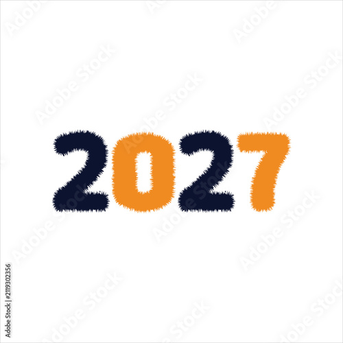 Year 2027 numbers with fluffy texture in navy blue and orange on white background