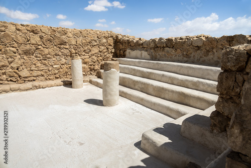 The ruins  of the synagogue hall in the ruins of Masada Fortresss in southern Israel near Arad