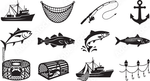 Foto Assorted black silhouettes of fishing equipment including trawler boats, nets, r