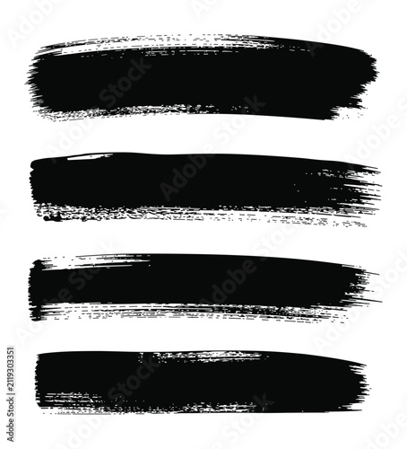 Black Paint Brush Strokes: A set of four distinct black paint brush strokes. graphic element, artistic stroke, abstract art, grunge texture, modern design.