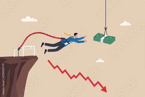 Investment risk, business challenge, adversity or take risk to earn more income, greed and fear in stock market downfall concept, skillful confident businessman bungee jumping to grab money banknote