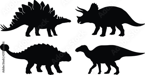 Konstfotografi Herbivorous Dinosaur Silhouettes Collection Featuring Stegosaurus Triceratops An