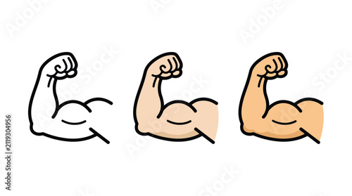 Set of three flexed bicep arm icons with different skin tones, muscular arm symbol representing strength and fitness