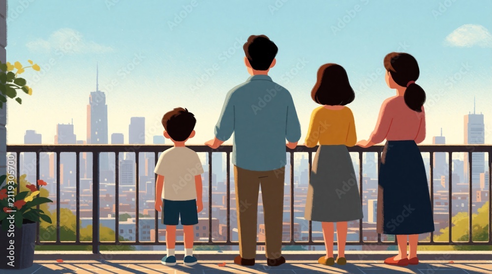 Obraz premium Family with two children stands on balcony, looks at big city skyline. Parents, kids watch tall buildings during sunny day. People enjoy urban view from terrace of residential apartment at bright