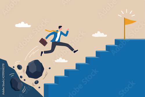 Overcome obstacle, effort or adversity for business growth, difficulty, challenge to win competition, skill or leadership concept, businessman jump over falling boulder climb up stair of success