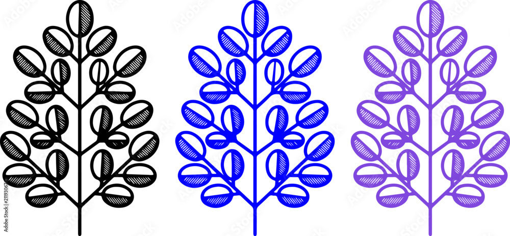 Fototapeta premium Set of three stylized branch icons in black, blue, and purple colors with geometric leaf patterns for modern design