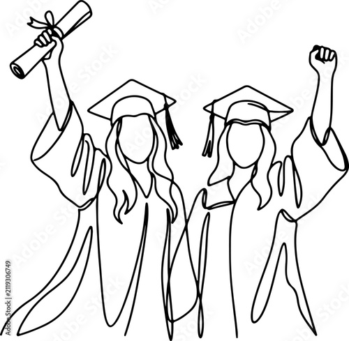 Continuous line drawing of two happy female graduates in caps and gowns celebrating their success together