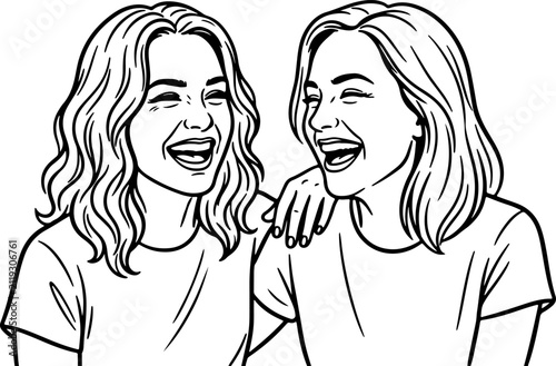 Two cheerful women laughing together in a minimalist black and white line art illustration