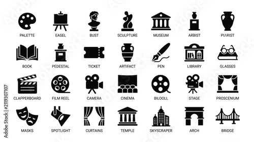 Arts and culture pixel perfect black glyph icons. Creative hobbies and leisure, theater and cinema. Museum and library solid pictogram.