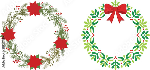 Set of two christmas wreaths with poinsettia flowers and red bow, festive holiday decorations for greeting cards and seasonal designs