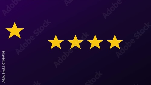 Five star rating animation: gold stars appearing on dark purple 4k background, for customer feedback, and review concepts