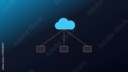 Cloud computing network architecture diagram with data syncing animation 4k data synchronization server connection