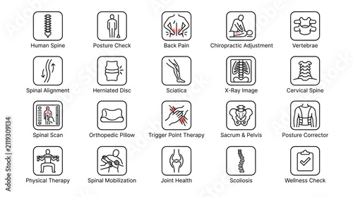 Chiropractic care and spinal health icons set showing human spine posture check back pain adjustment vertebrae spinal alignment herniated disc sciatica xray.