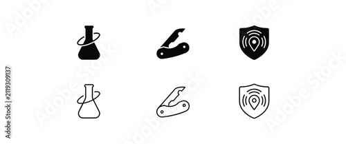 Set of black and white featuring a laboratory flask, a folding pocket knife, and a shield sign chemistry